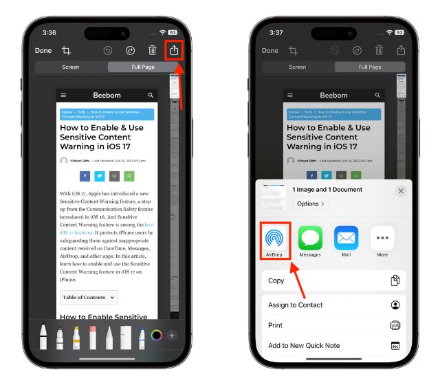 sharing screenshot on iPhone