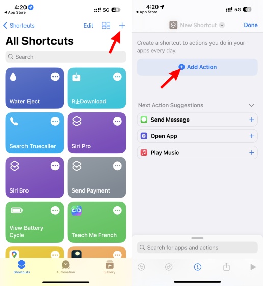 A screenshot of adding action