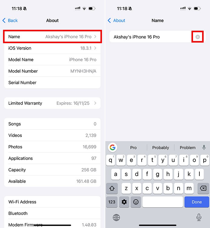 Screenshot showing the steps to take for changing AirDrop name on iPhone