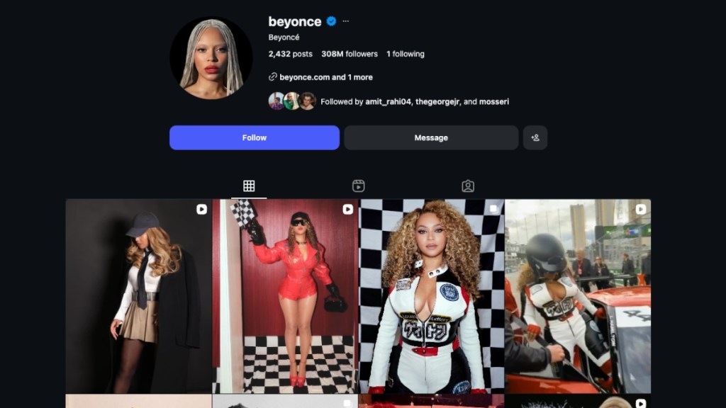Most followed Instagram account Beyonce screenshot