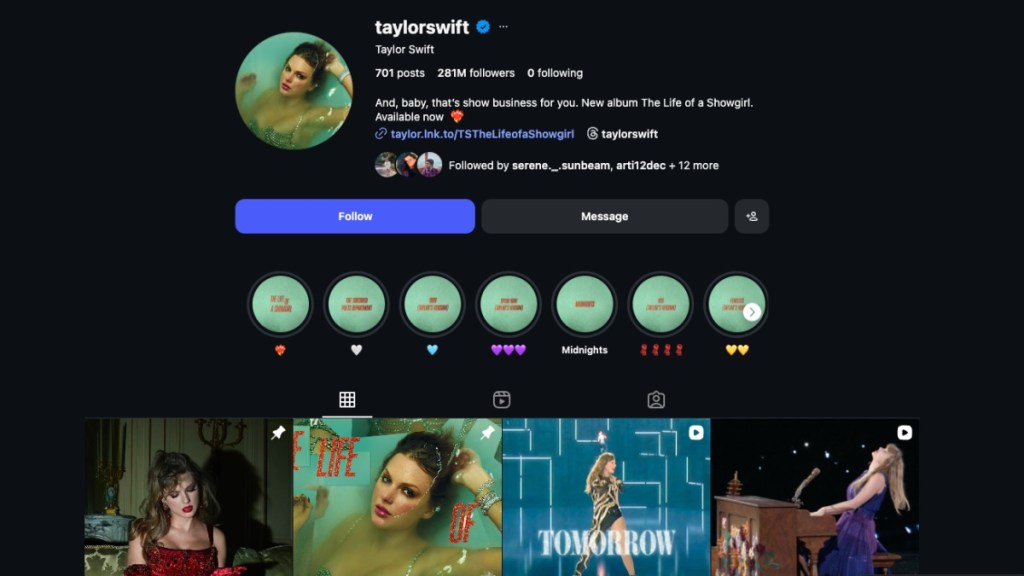 Most followed Instagram account Taylor Swift screenshot