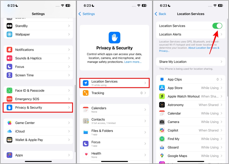 Turn off Location Services from iPhone Settings