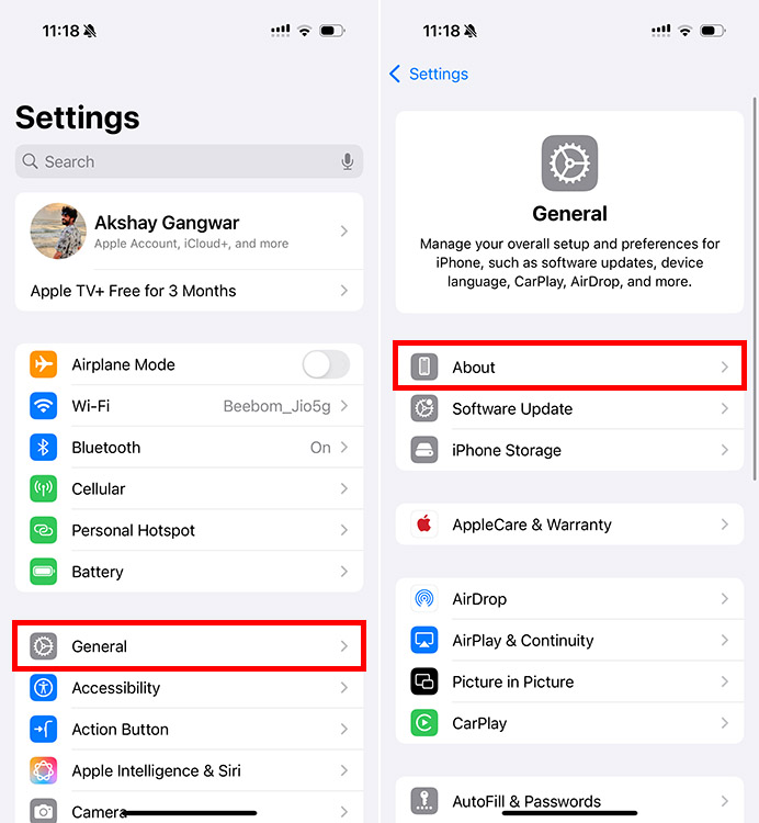 Screenshot showingiPhone general settings with General and About options highlighted