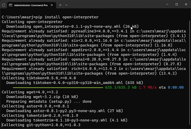 pip command to install open interpreter