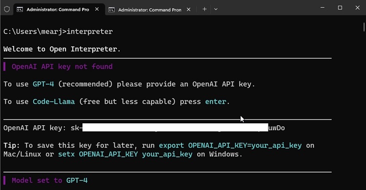 set API key in open interpreter