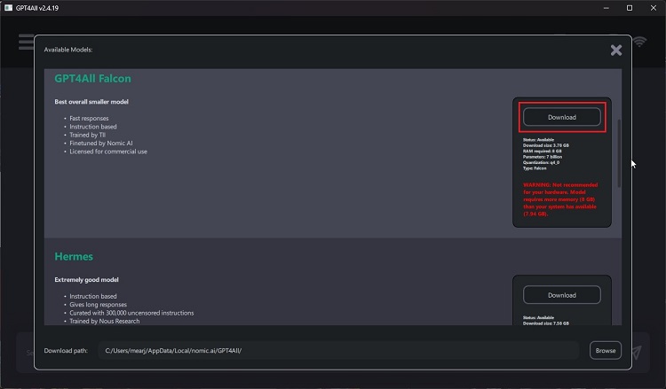 download model using GPT4All