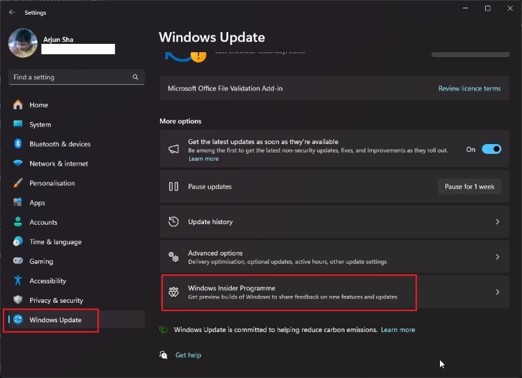 open windows insider programme in windows settings
