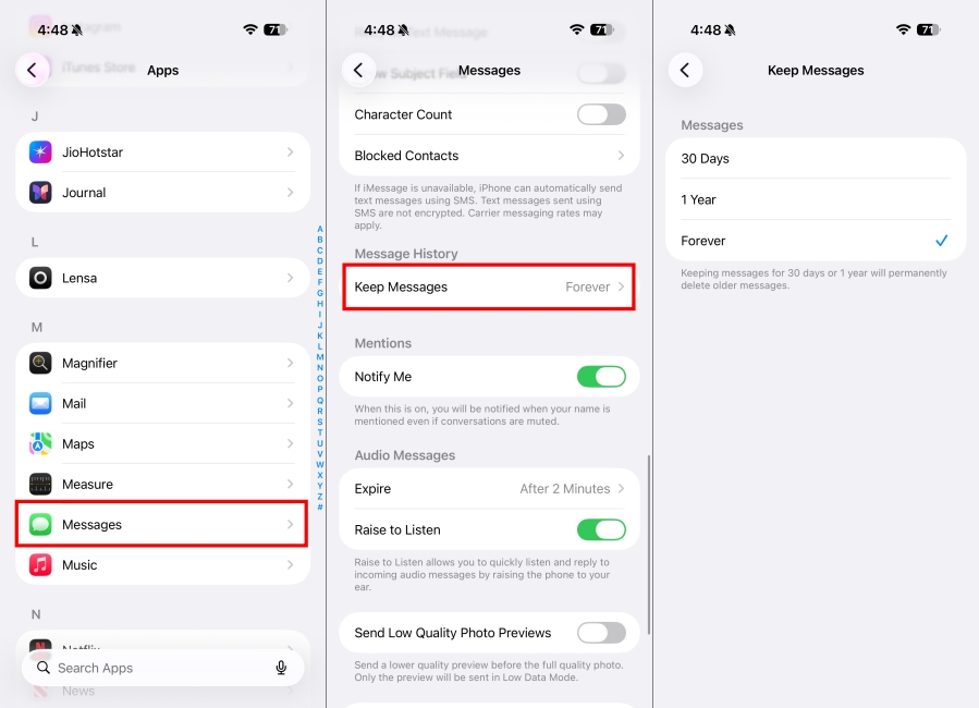 Configuring Keep Messages Setting on iMessage Screenshot on iPhone