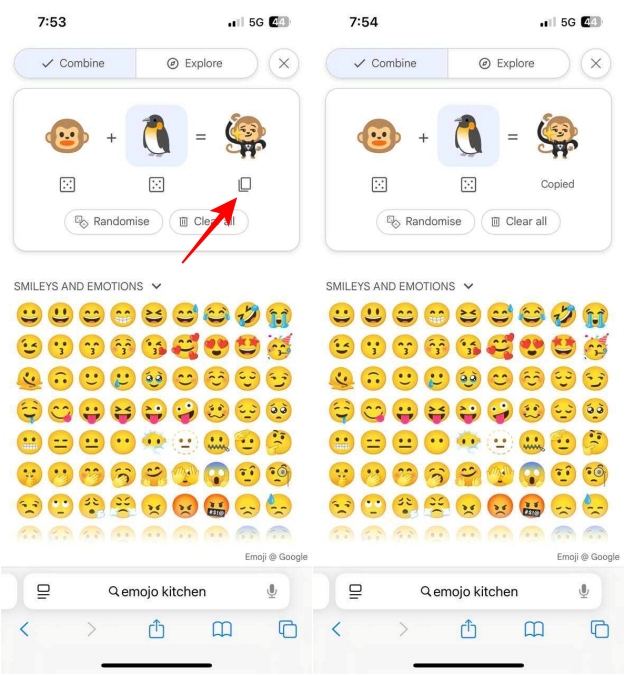 Creating random emoji combination and copying it on Google Emoji Kitchen