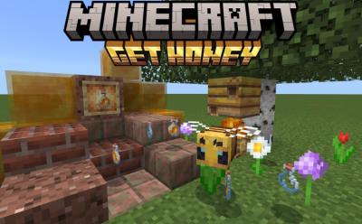 Honey bottle, empty bottles, bee and a bee nest in Minecraft
