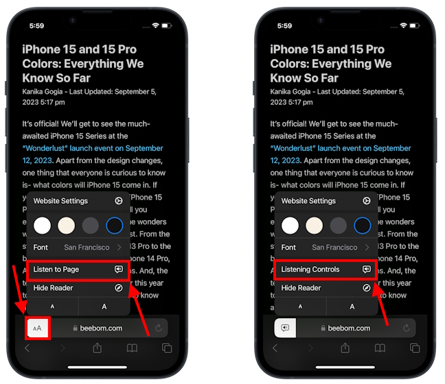 Listen to Page Safari feature in iOS 17