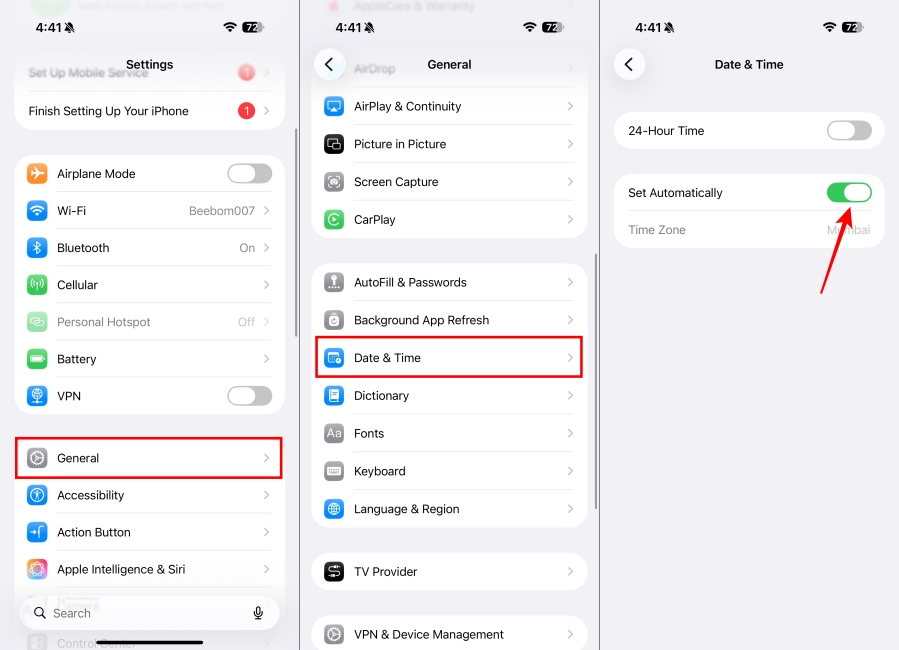 Navigating to the Date and Time Settings on iPhone 