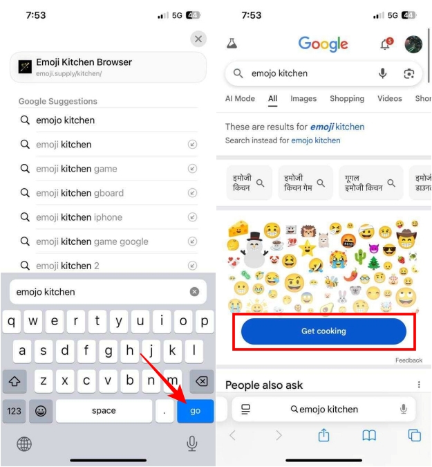 Searching Emoji Kitchen on Safari on iOS and tap on Get Cooking
