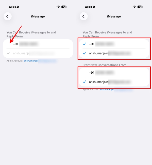 Select Send and Receive IDs for iMessage on iPhone