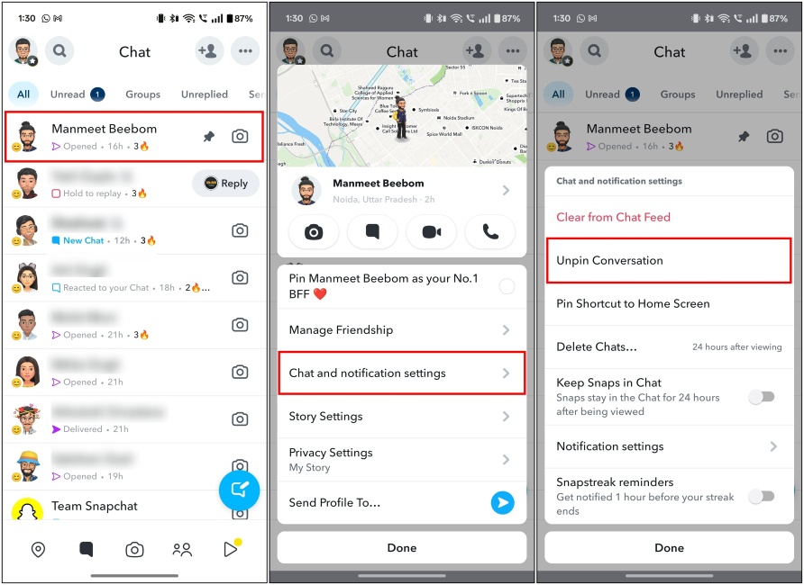 Steps to unpin conversation on snapchat