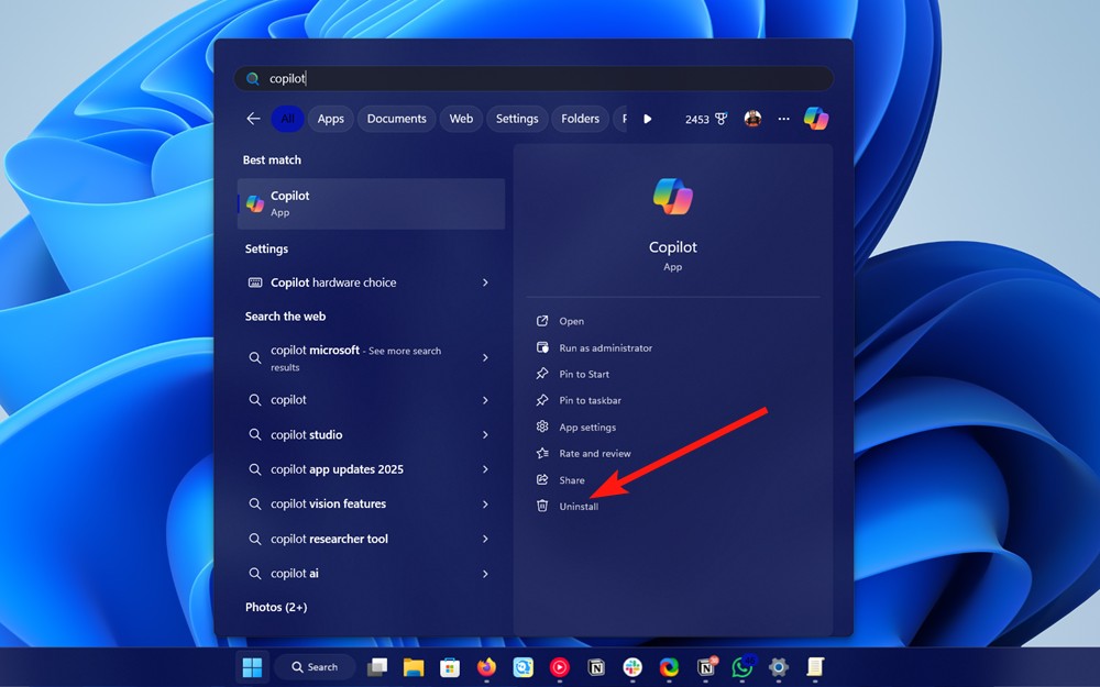 Uninstalling copilot from the start menu