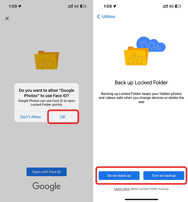 set up locked folder back up google photos iphone