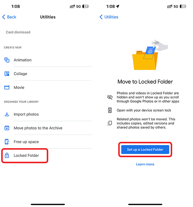 set up locked folder in google photos on iphone