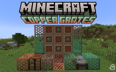 Many copper grates in different oxidation stages next to a crafting table and a stonecutter