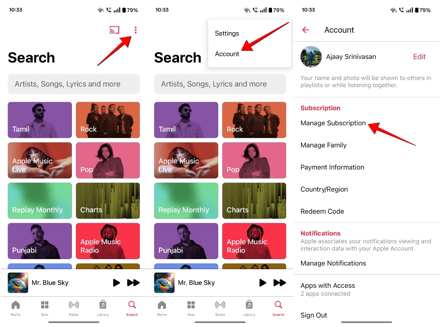 screenshots demonstrating the process of canceling Apple Music subscription on Android device using Apple Music App