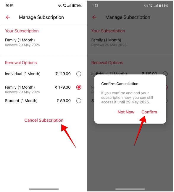 screenshots demonstrating the process of canceling Apple Music subscription on Android phone using Apple Music App