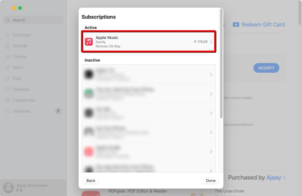 screenshot demonstrating the process of canceling Apple Music subscription on Mac using App Store