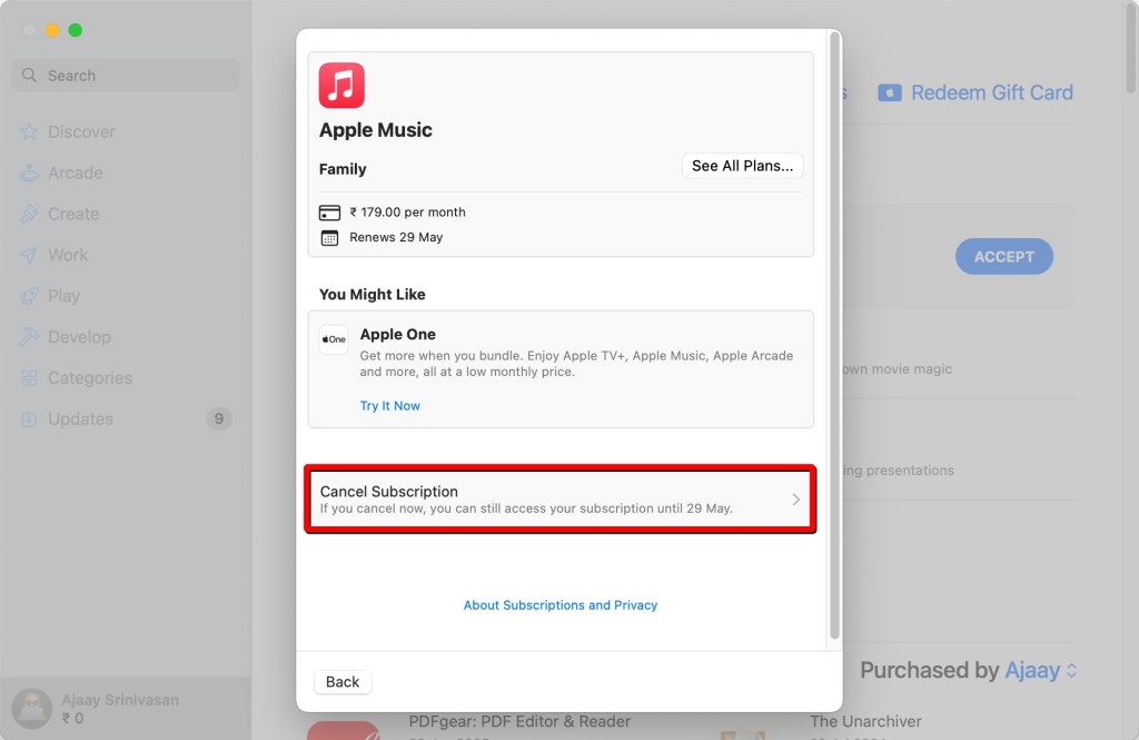 screenshot demonstrating the process of canceling Apple Music subscription on Mac using App Store