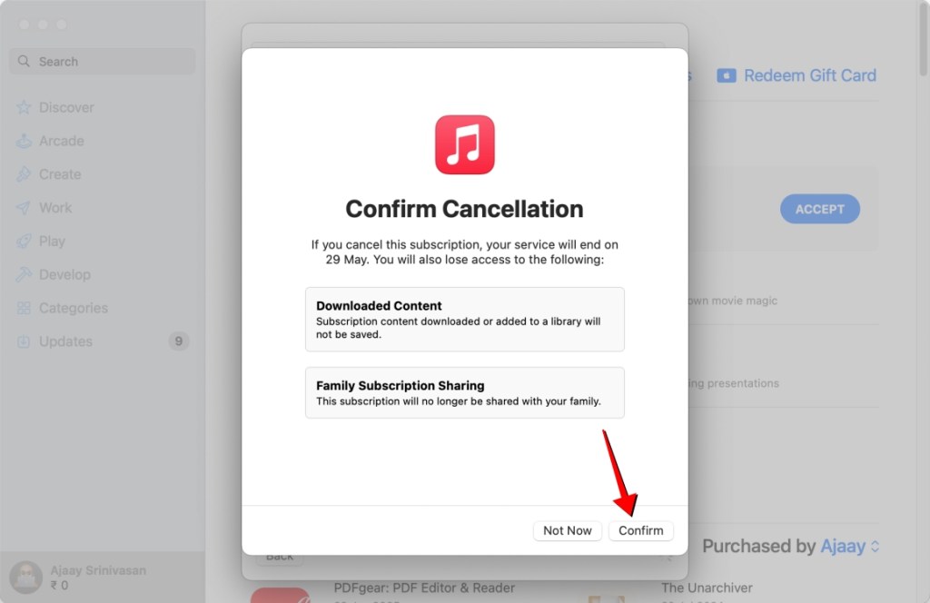 screenshot demonstrating the process of canceling Apple Music subscription on Mac using App Store