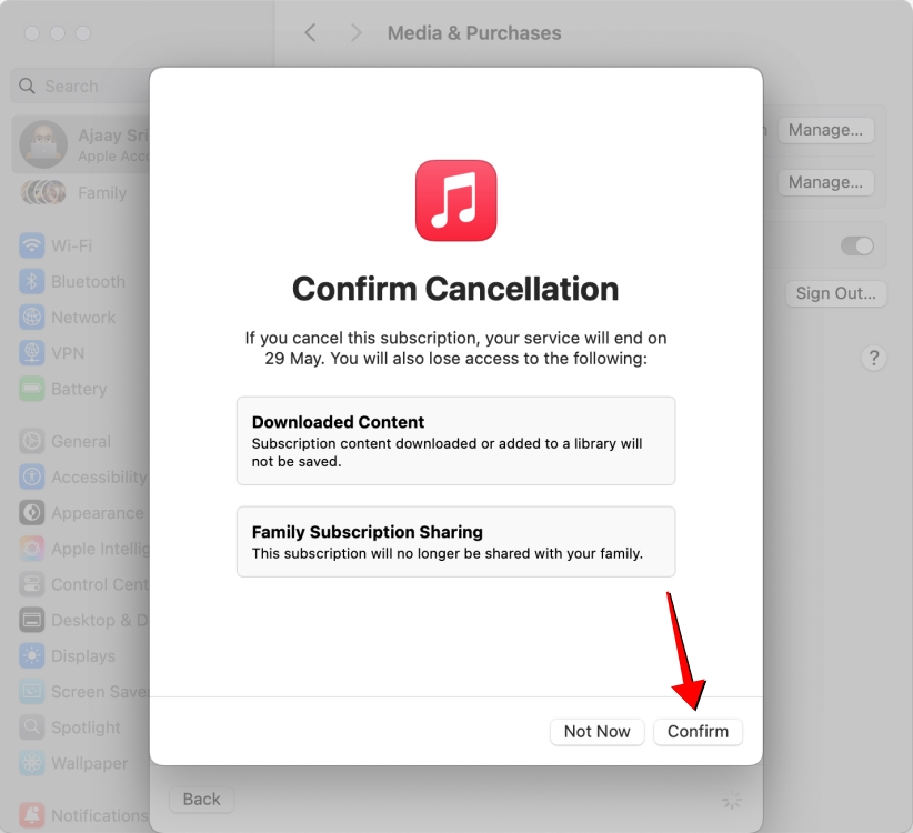 screenshot demonstrating the process of canceling Apple Music subscription on Mac using Settings App