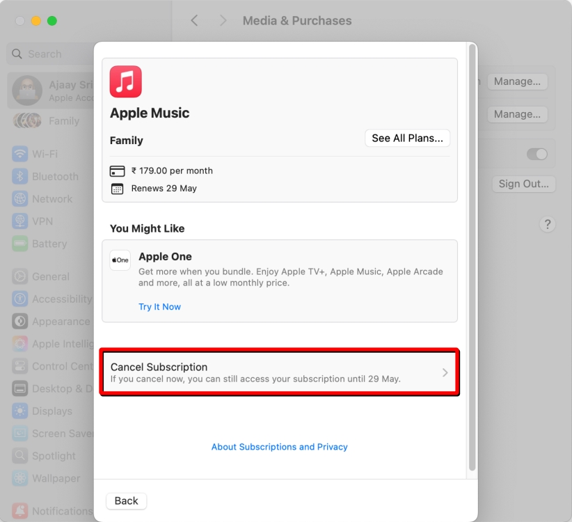 screenshot demonstrating the process of canceling Apple Music subscription on Mac using Settings App