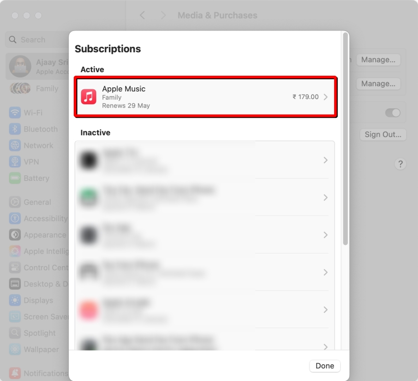 screenshot demonstrating the process of canceling Apple Music subscription on Mac using Settings App