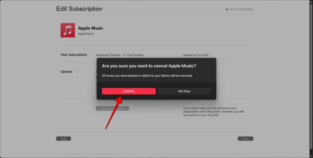 screenshot demonstrating the process of canceling Apple Music subscription on Windows PC using Apple Music App