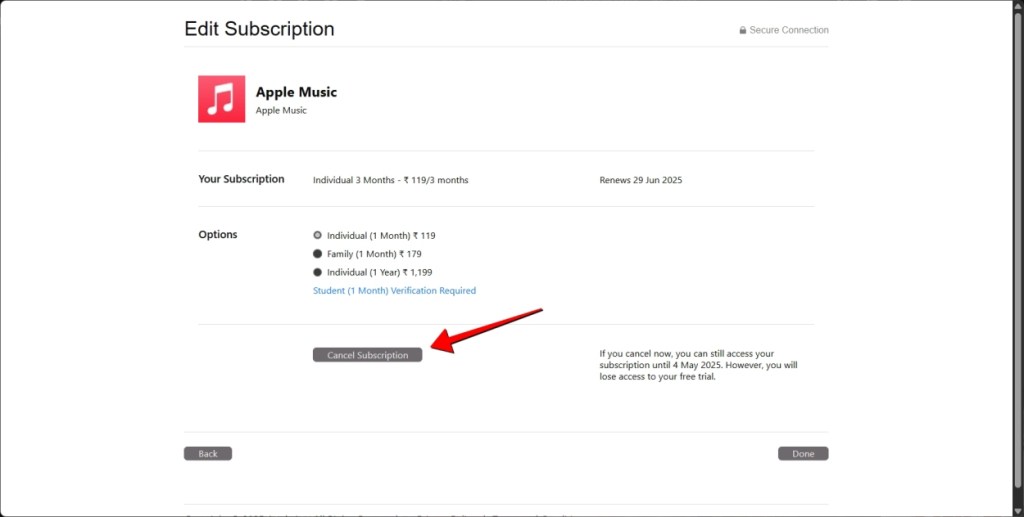 screenshot demonstrating the process of canceling Apple Music subscription on Windows PC using Apple Music App