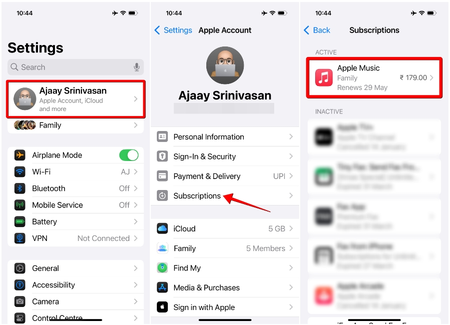 screenshots demonstrating the process of canceling Apple Music subscription on iPhone using Settings App