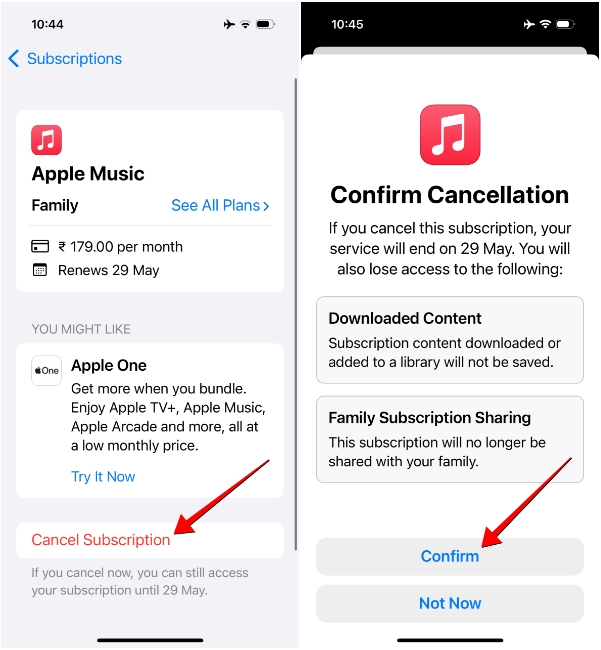 screenshots demonstrating the process of canceling Apple Music subscription on iPhone using Settings App