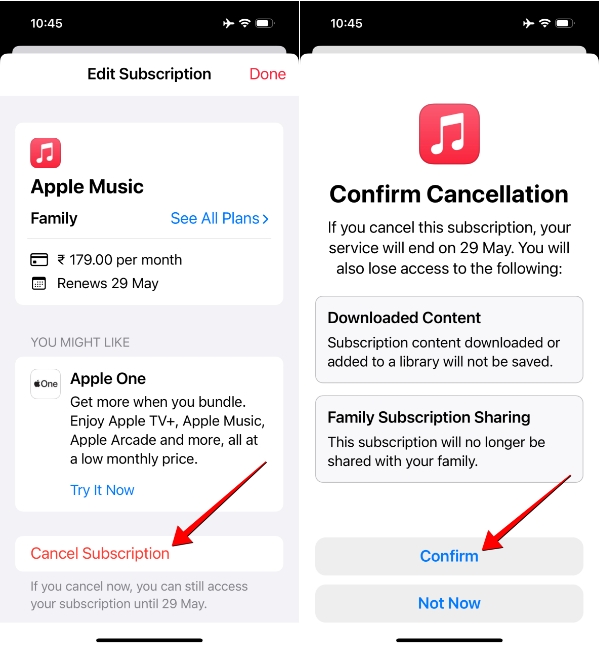 screenshots demonstrating the process of canceling Apple Music subscription on iPhone using Apple Music App
