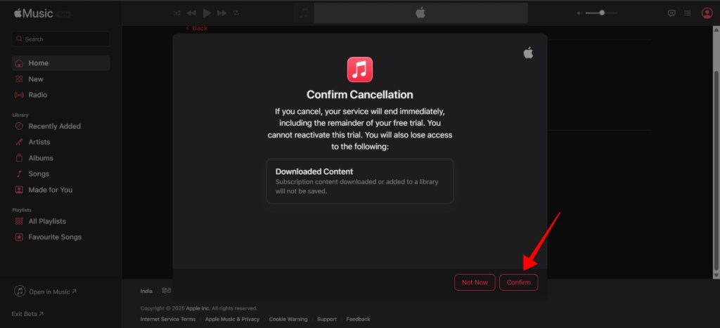 screenshot demonstrating the process of canceling Apple Music subscription on its website