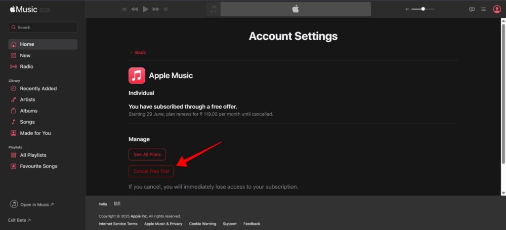 screenshot demonstrating the process of canceling Apple Music subscription on its website
