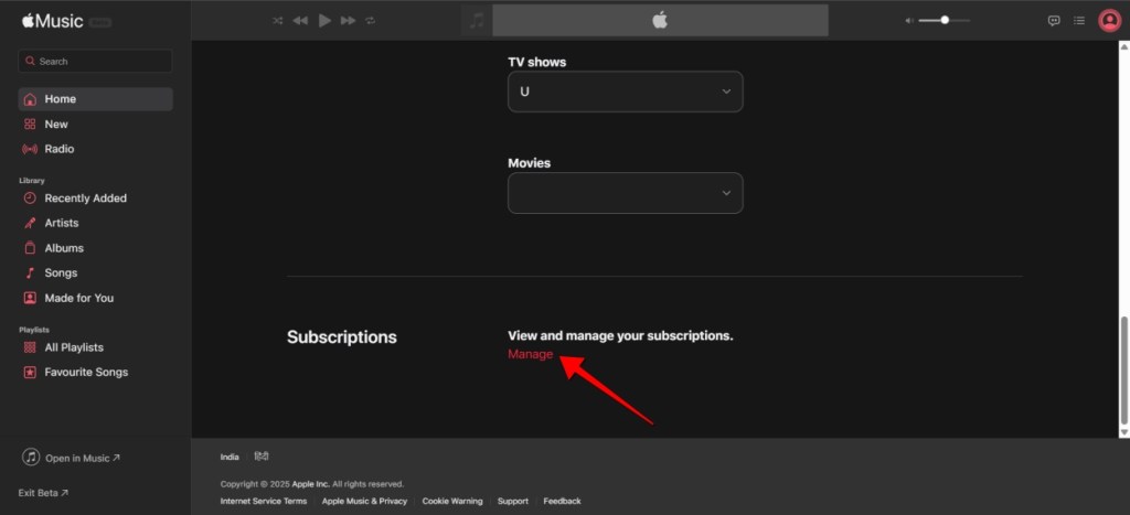 screenshot demonstrating the process of canceling Apple Music subscription on its website