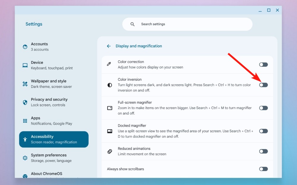 Chromebook Display and Magnification accessibility settings with Color Inversion toggle