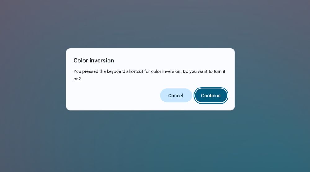 Chromebook pop up showing Invert color confirmation options