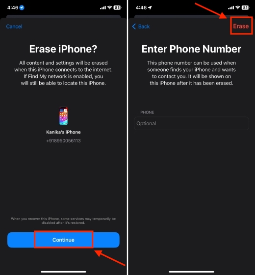 screenshots showing the process of erasing an iPhone
