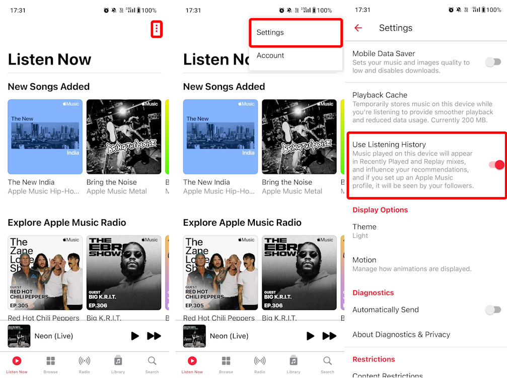 Finding the Use Listening History option on Android
