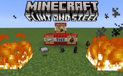 TNT blocks with item frames on them holding flint, iron ingot and flint and steel, there are also those items on the ground and two fires in Minecraft