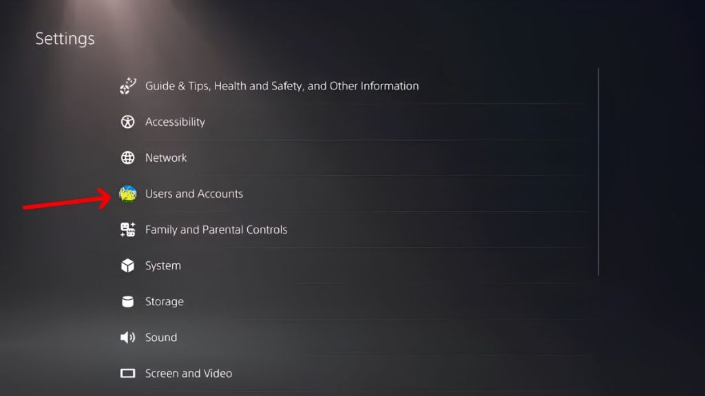 PS5 Settings for Fortnite Crew with the red arrow pointing at Users and Accounts settings
