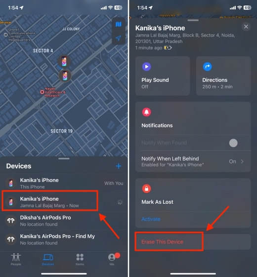 screenshots showing an iPhone location with a map view