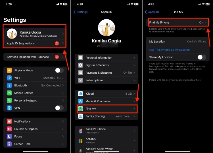 screenshots previewing a way to disable Find My on iOS