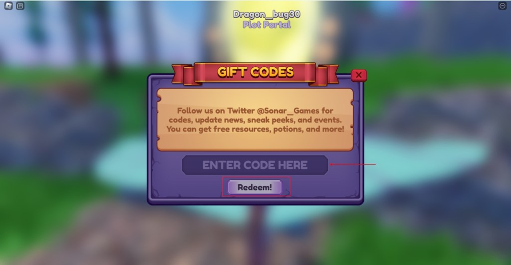 Redeem code option in Dragon Adventures