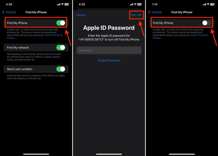 screenshots previewing the process of disabling Find My on iOS