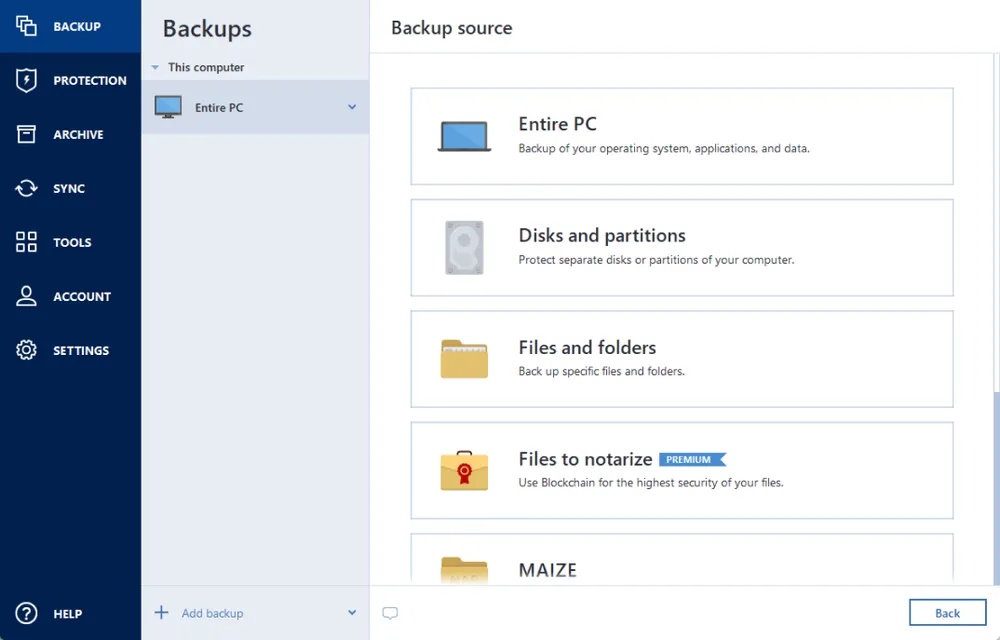 Acronis Backup Software interface